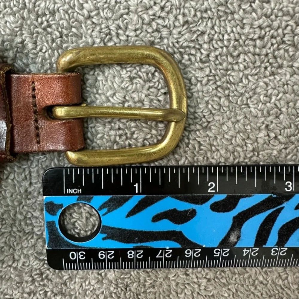 Vintage Sailboat Embroidered Canvas Leather Belt Solid Brass Buckle Brown Navy